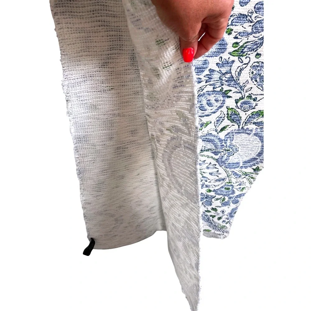 Rachel Zoe Blue Green Floral Block Print Cotton Table Runner 17x88 Frayed Edge